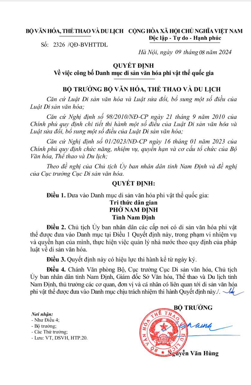 HIỆP HỘI VĂN HÓA ẨM THỰC VIỆT NAM CHÚC MỪNG DI SẢN “PHỞ NAM ĐỊNH” ĐƯỢC VINH DANH LÀ DI SẢN VĂN HÓA PHI VẬT THỂ QUỐC GIA
