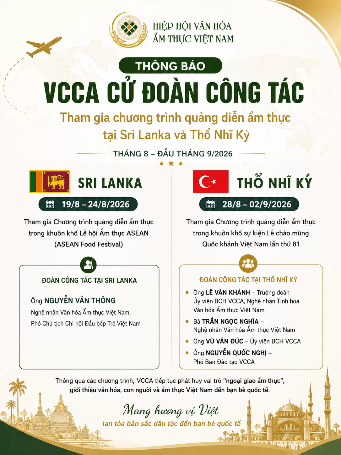 VCCA CỬ NGHỆ NHÂN, ĐẦU BẾP THAM GIA QUẢNG DIỄN ẨM THỰC VIỆT NAM TẠI SRI LANKA VÀ THỔ NHĨ KỲ