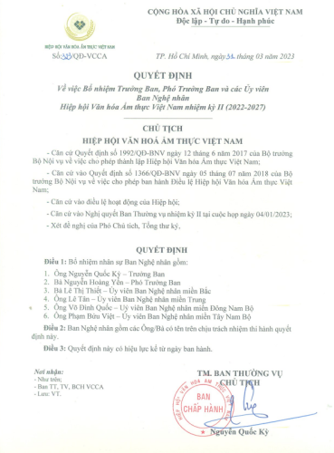 Quyết định bổ nhiệm Ban nghệ nhân
