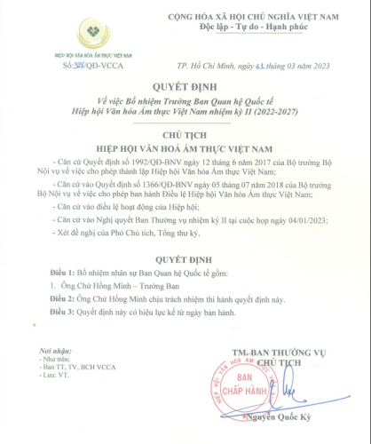 Quyết định bổ nhiệm Ban Quan hệ Quốc tế